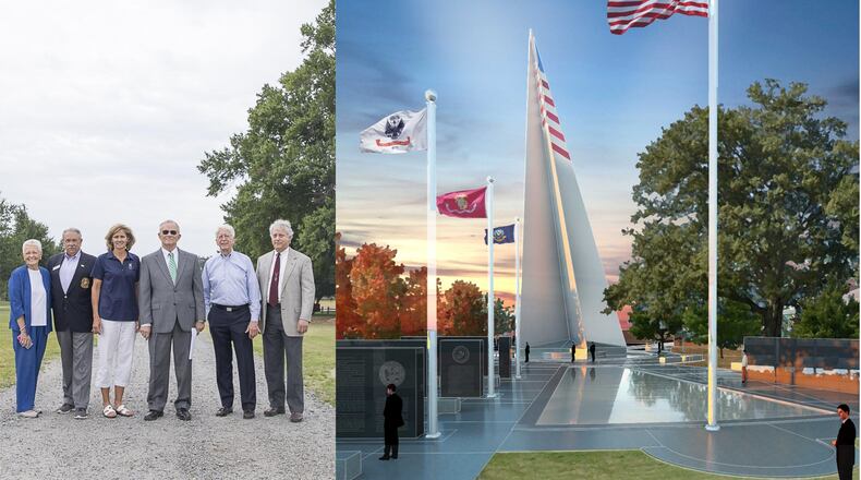 Left: Veteran volunteers pose on the site of a planned memorial to military servicemembers (Alyssa Pointer/alyssa.pointer@ajc.com). Right: A rendering of the planned memorial by Croft and Associates (courtesy of the Cobb Veterans Memorial Foundation).