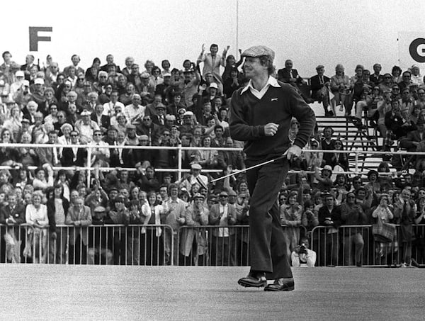 FILE -Tom Watson reacts on the 18th green after sinking a 25-foot birdie putt to force a playoff with with Jack Newton in the British Open golf championship at Carnoustie, Scotland in this July 12, 1975 photo. (AP Photo, File)