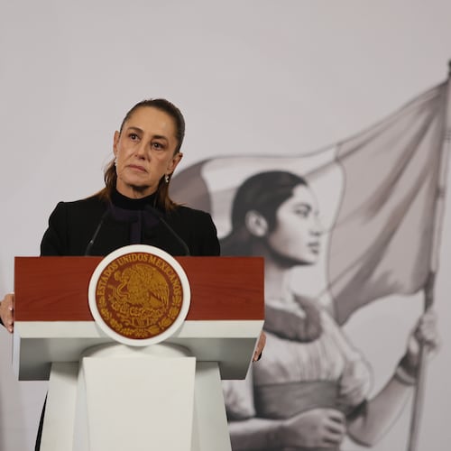 FILE - Mexican President Claudia Sheinbaum gives her the daily, morning news conference at the National Palace in Mexico City, Feb. 23, 2026. (AP Photo/Ginnette Riquelme, File)