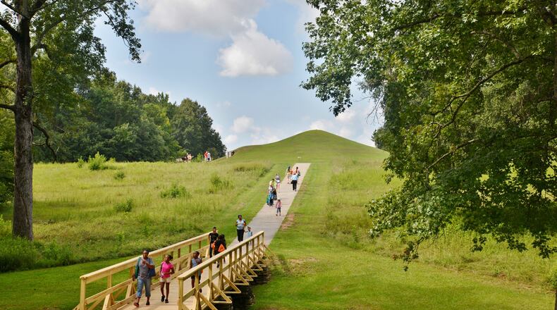The burial mounds at the Ocmulgee National Monument, near Macon, were built by Native Americans during the Mississippian period, around 1000 CE. The park, designated a National Treasure, is part of the rich cultural resources of the Ocmulgee River corridor. Photo: courtesy National Trust for Historic Preservation