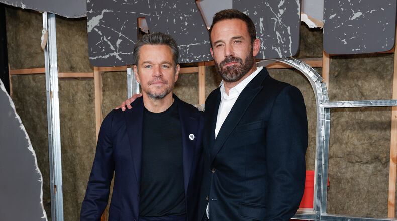FILE - Matt Damon, left, and Ben Affleck attend the world premiere of "The Rip" at Alice Tully Hall, on Jan. 13, 2026, in New York. (Photo by CJ Rivera/Invision/AP, File)