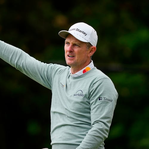 Justin Rose, of England, hits from the 13th tee during the second round of the PGA Championship golf tournament at Aronimink Golf Club, Friday, May 15, 2026, in Newtown Square, PA. (AP Photo/Carolyn Kaster)