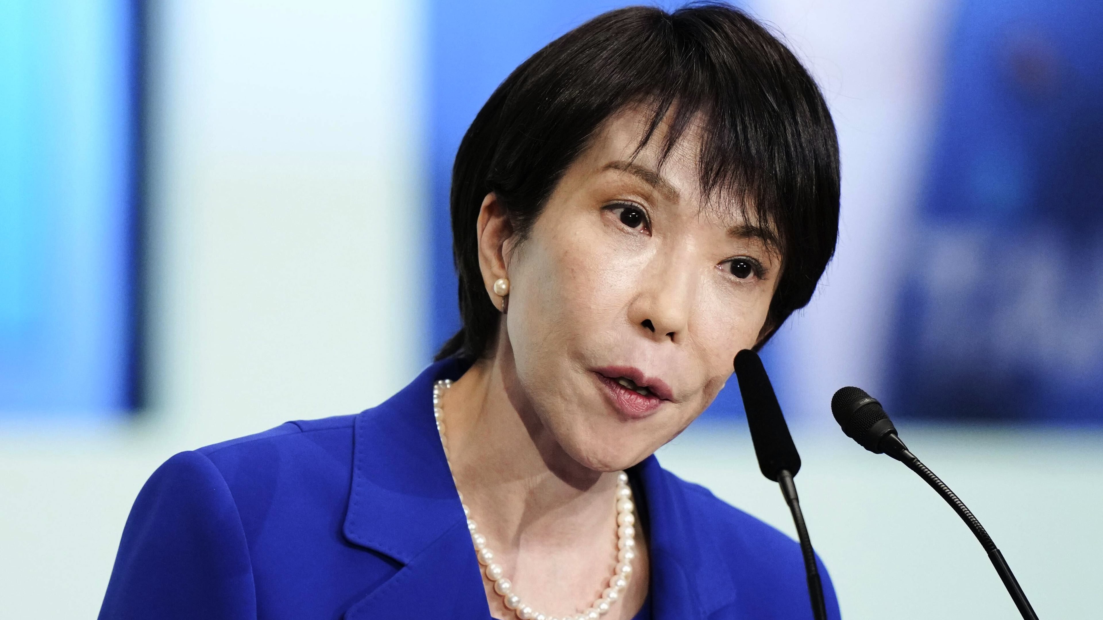 Former Economic Security Minister Sanae Takaichi speaks during the Liberal Democratic Party's (LDP) leadership election in Tokyo, Japan, Saturday, Oct. 4, 2025. (Kyodo News via AP)
