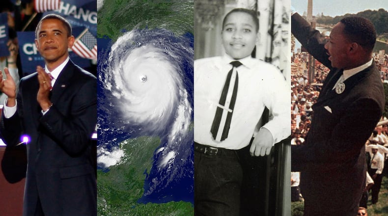 August 28 events in black history: Sen. Barack Obama accepts the Democratic presidential nomniation in 2008; Hurricane Katrina makes landfall in 2005; Emmitt Till is killed in 1955; and the March on Washington occurs in 1963. (Chuck Kennedy/Getty Images; NOAA via Getty Images; AP file)