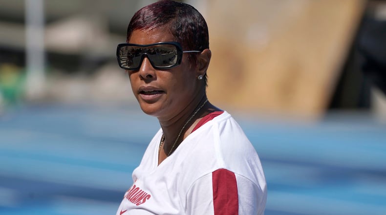 Southern California Trojans coach Caryl Smith Gilbert reacts during a dual meet against the UCLA Bruins at Drake Stadium, Sunday, May 2, 2021, in Los Angeles. Gilbert is now the Georgia track coach. (Kirby Lee/AP)