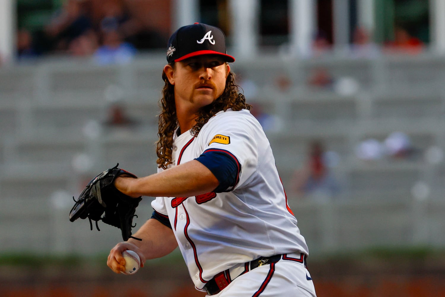Braves starting pitcher Grant Holmes (66) delivers to a Washington Nationals batter during the first inning at Truist Park on Monday, May 12, 2025, in Atlanta. 
(Miguel Martinez/ AJC)