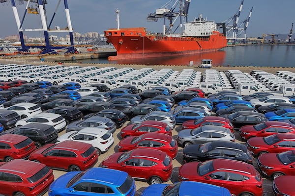 Aerial view of a ro-ro terminal for vehicle shipment in Yantai in eastern China's Shandong province, Thursday, April 3, 2025. (Chinatopix Via AP) CHINA OUT