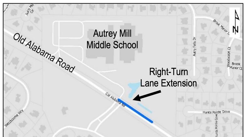Johns Creek recently approved a contract for a right turn lane extension along Old Alabama Road at Autrey Mill Middle School. COURTESY CITY OF JOHNS CREEK