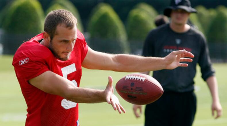 Falcons rookie kicker Matt Bosher works on his technique during practice at training camp in Flowery Branch on Thursday, August 4, 2011.