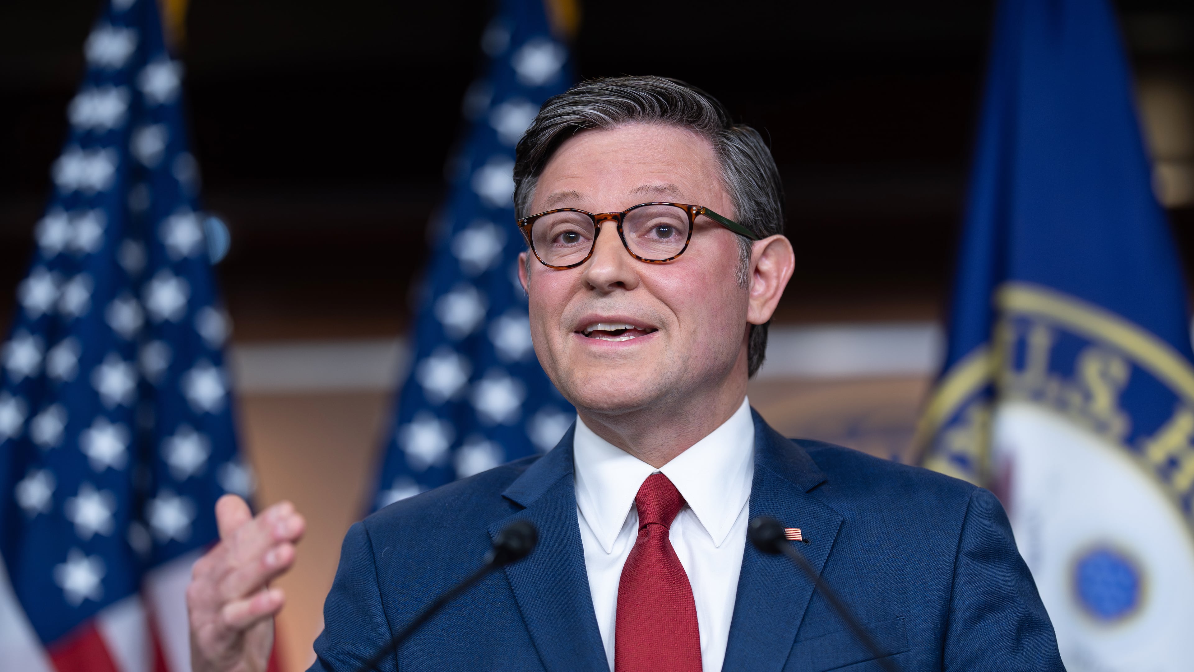 Speaker of the House Mike Johnson, R-La., makes a statement to reporters following a vote in the Senate to move forward with a stopgap funding bill to reopen the government through Jan. 30, at the Capitol in Washington, Monday, Nov. 10, 2025. (AP Photo/J. Scott Applewhite)