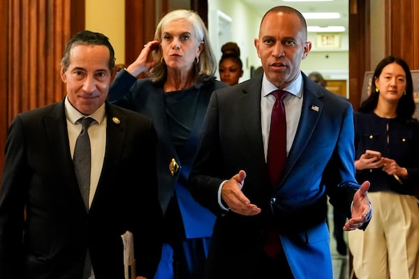 House Minority Leader Hakeem Jeffries, D-N.Y., right, leaves his office with Rep. Jamie Raskin, D-Md., left, and Rep. Katherine Clark, D-Mass., center, shortly after speaking in the House chamber during the final vote for President Donald Trump's signature bill of tax breaks and spending cuts, Thursday, July 3, 2025, at the Capitol in Washington. (AP Photo/Julia Demaree Nikhinson)