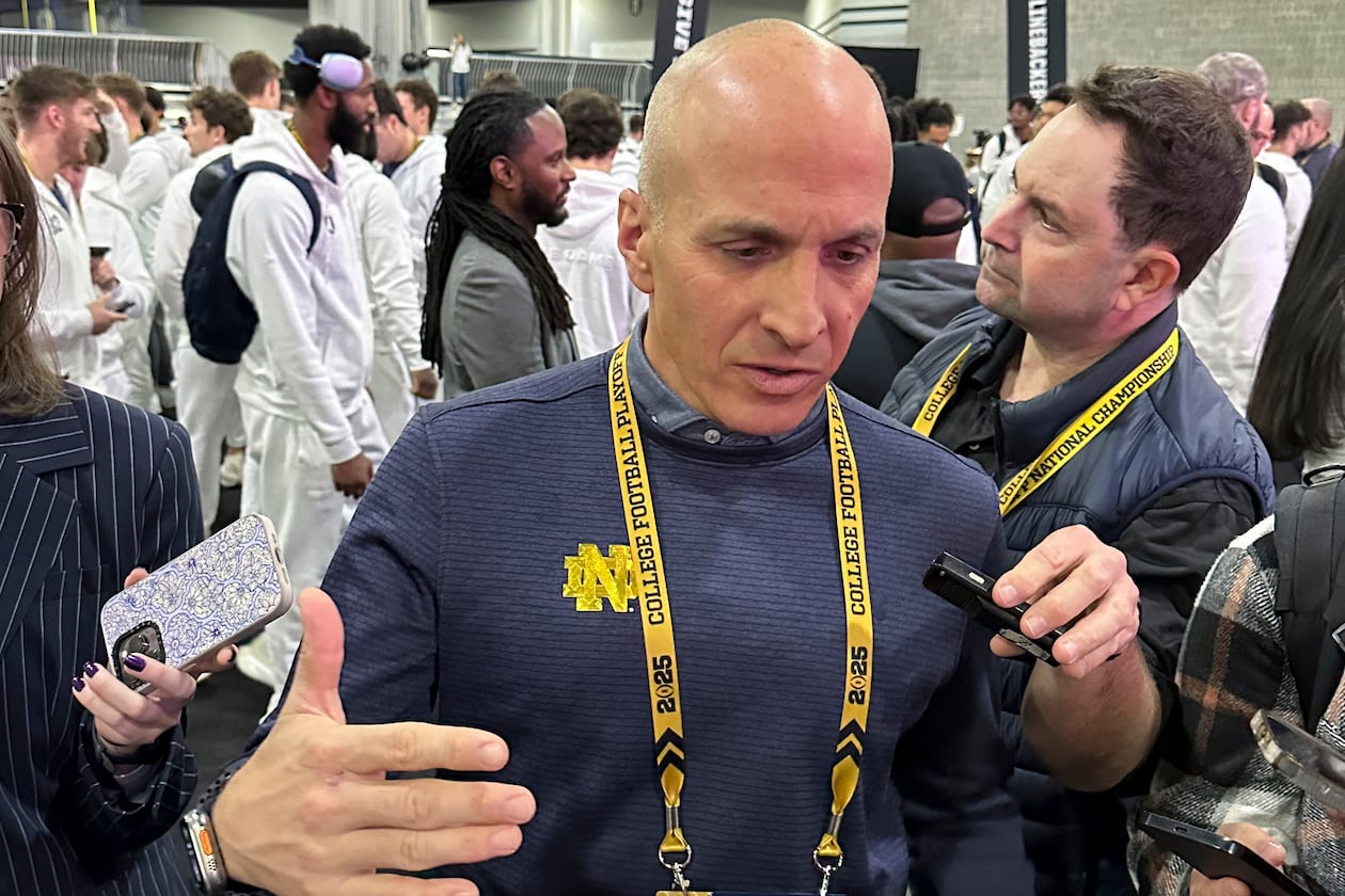 FILE - Notre Dame Athletic Director Pete Bevacqua talks during media day ahead of the College Football Playoff national championship game between Ohio State and Notre Dame Jan. 18, 2025, in Atlanta. (AP Photo/Eddie Pells, File)