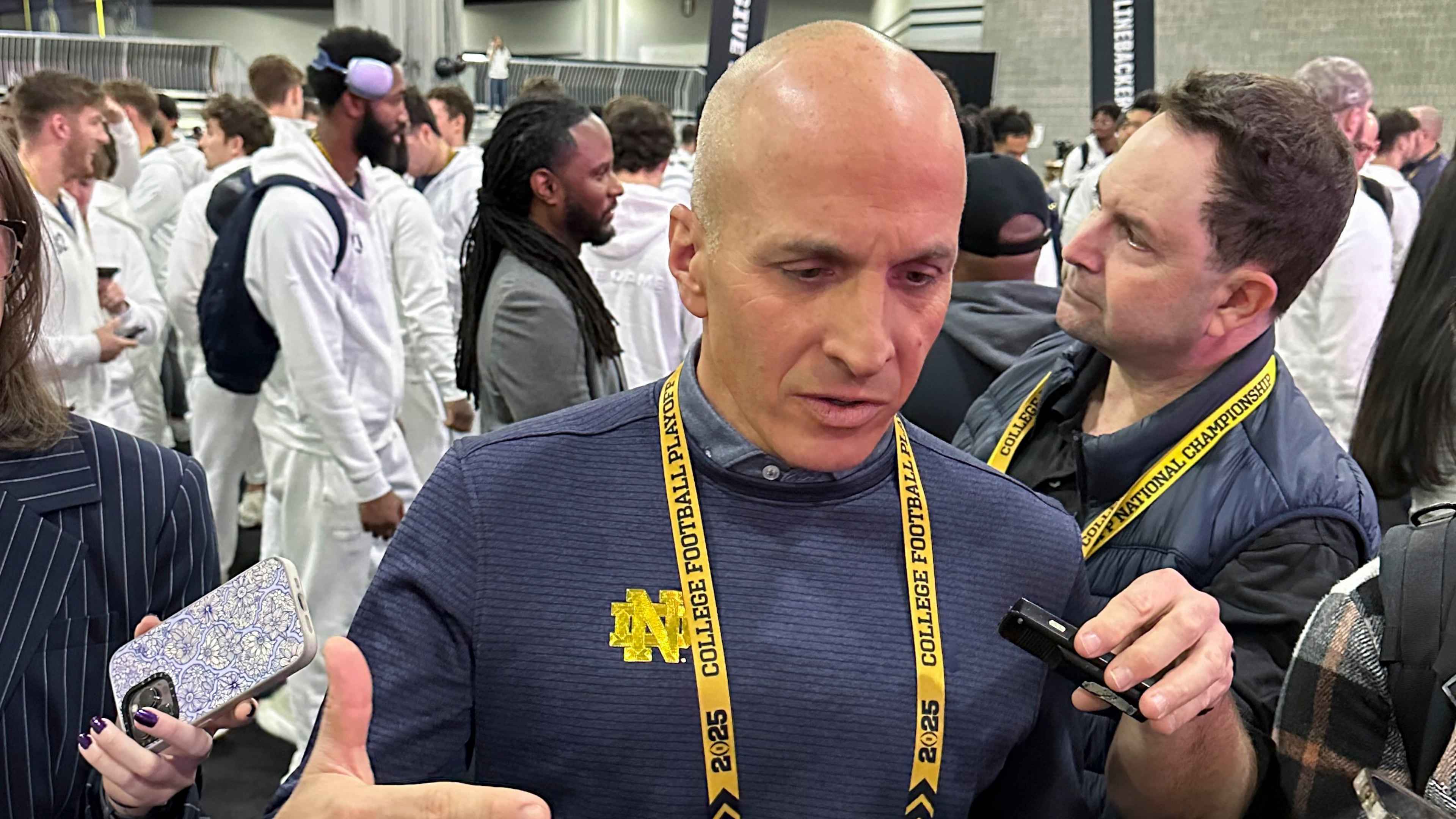 FILE - Notre Dame Athletic Director Pete Bevacqua talks during media day ahead of the College Football Playoff national championship game between Ohio State and Notre Dame Jan. 18, 2025, in Atlanta. (AP Photo/Eddie Pells, File)