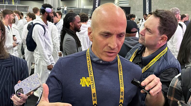 FILE - Notre Dame Athletic Director Pete Bevacqua talks during media day ahead of the College Football Playoff national championship game between Ohio State and Notre Dame Jan. 18, 2025, in Atlanta. (AP Photo/Eddie Pells, File)