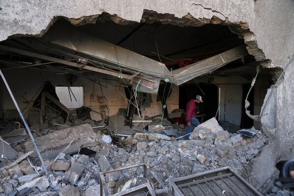 The outpatient and laboratory wards of the Al-Ahli Arab Baptist hospital are seen after being hit by an Israeli army strike late Saturday, following a warning issued by the army to evacuate patients, in Gaza City, Sunday, April 13, 2025. (AP Photo/Jehad Alshrafi)