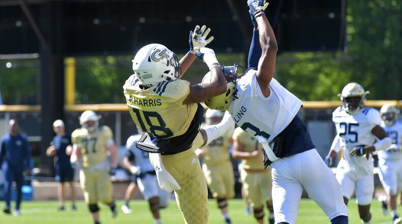 April 16, 2019 Atlanta - Georgia Tech defensive back Tre Swilling (3) breaks up the pass intend to Georgia Tech wide receiver Peje' Harris (18) during a practice session at Georgia Tech's football outdoor practice field on Tuesday, April 16, 2019. HYOSUB SHIN / HSHIN@AJC.COM