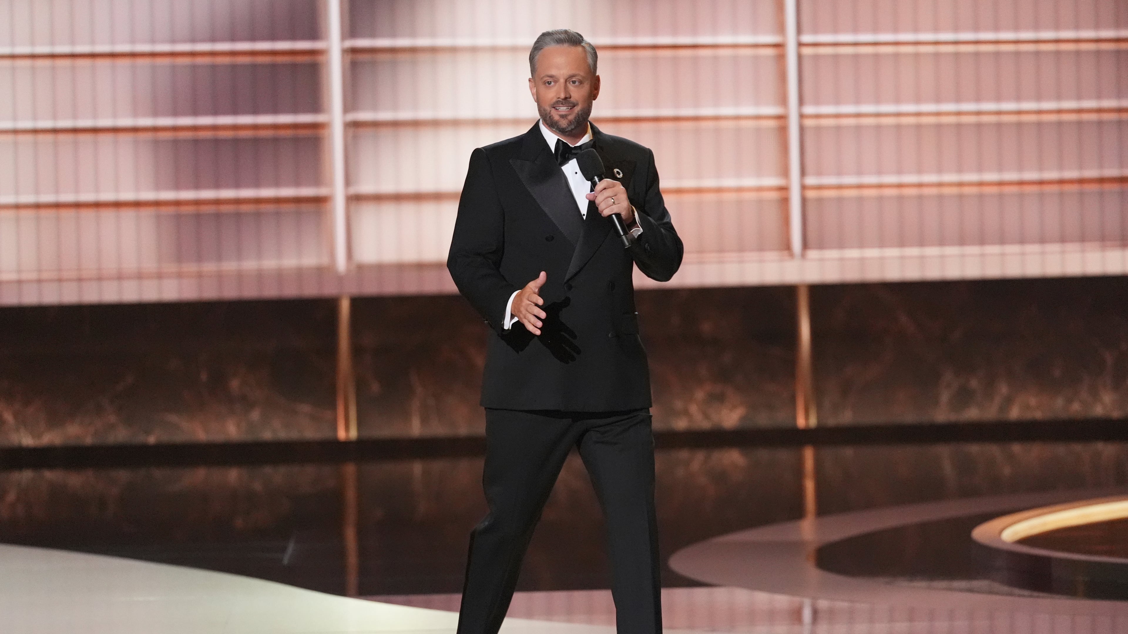 Host Nate Bargatze speaks during the 77th Primetime Emmy Awards on Sunday, Sept. 14, 2025, at the Peacock Theater in Los Angeles. (AP Photo/Chris Pizzello)