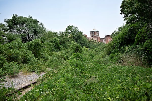 Ponce City Market is seen in the distance, to the north, from Angier Springs in June 2008. (Courtesy Atlanta Beltline Inc.)
