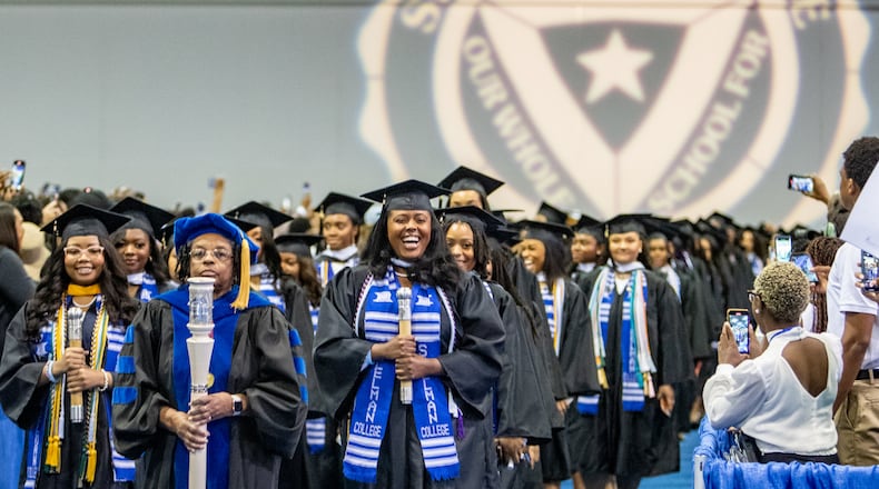 Spelman College commencement begins with the ceremonial procession at the Georgia International Convention Center on Sunday, May 21, 2023. The U.S. Embassy in Tokyo partnered with the college on a new exchange collaboration for some students to study in Japan. (Jenni Girtman for The Atlanta Journal-Constitution)