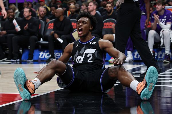 Utah Jazz guard Collin Sexton (2) reacts after scoring a basket and getting fouled during the second half of an NBA basketball game against the Atlanta Hawks, Sunday, April 6, 2025, in Atlanta. (AP Photo/Colin Hubbard)