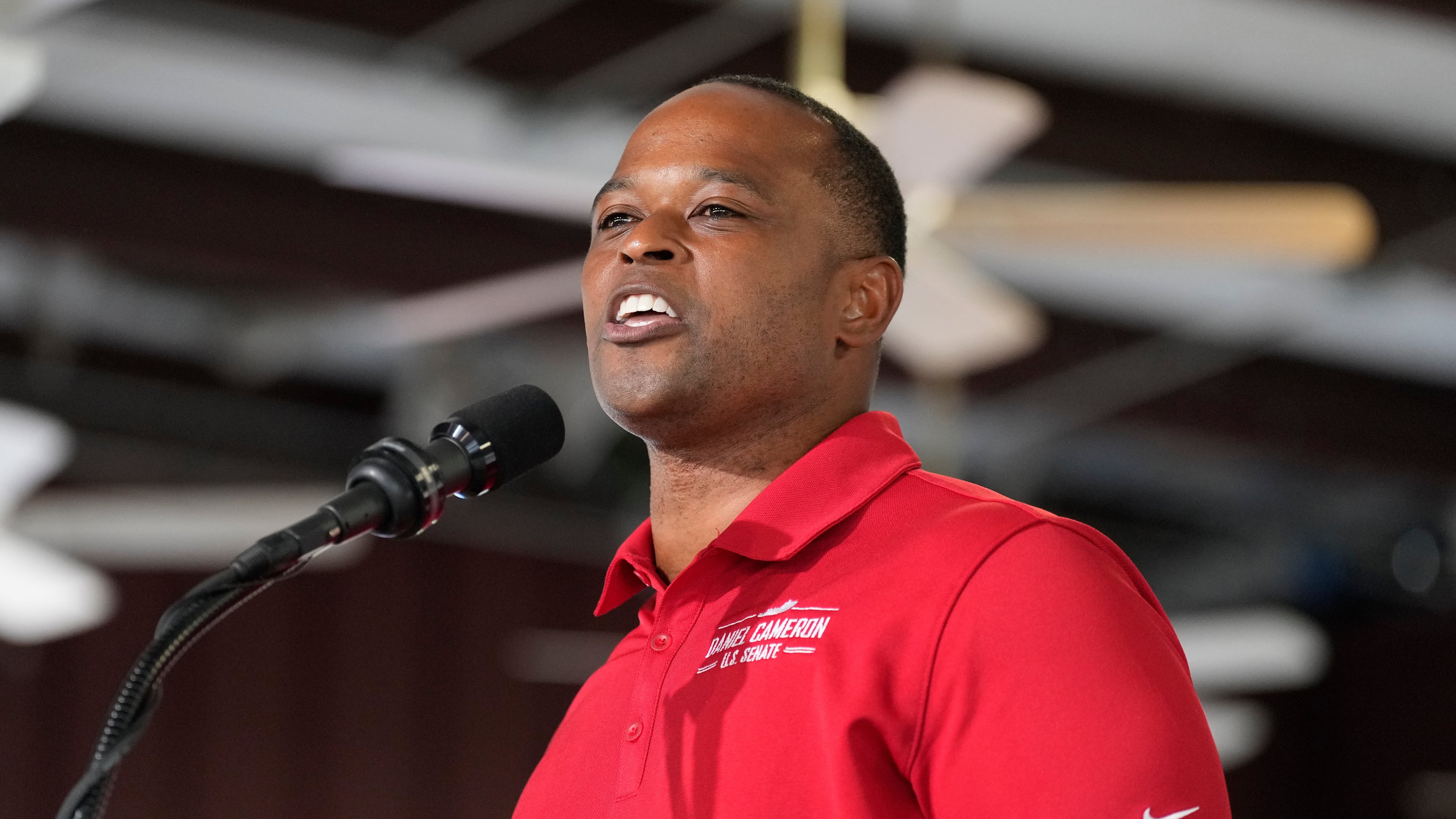 FILE - Former Kentucky attorney general Daniel Cameron speaks at the annual Fancy Farm picnic, Aug. 2, 2025, in Fancy Farm, Ky. (AP Photo/Mark Humphrey, File)