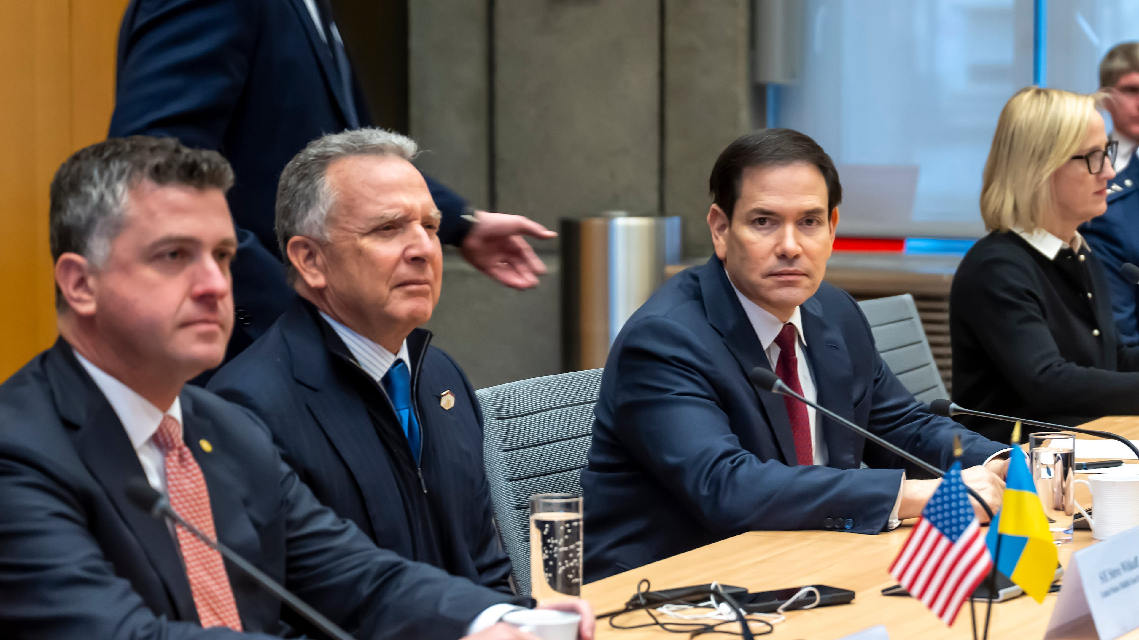 US presidential envoy Steve Witkoff, second left, and US Secretary of state Marco Rubio, right, at the beginning of talks with the Ukrainian delegation at the US Permanent Mission in Geneva, Switzerland, Sunday, Nov. 23, 2025. (Martial Trezzini/Keystone via AP)