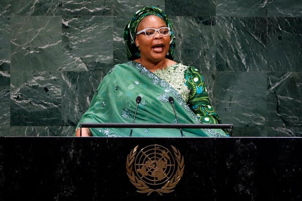 FILE - Nobel Peace Prize winner Leymah Gbowee, from Liberia, addresses the 73rd session of the United Nations General Assembly, at U.N. headquarters, Tuesday, Sept. 25, 2018. (AP Photo/Richard Drew, File)