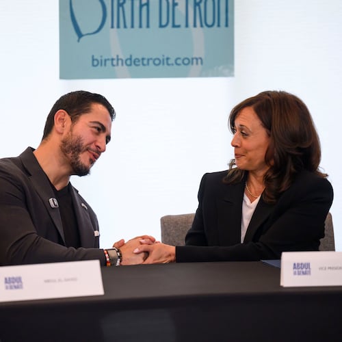 Senatorial candidate Dr. Abdul El-Sayed, left, and former Vice-President Kamala Harris participate in a roundtable discussion about reproductive health at Birth Detroit, in Detroit, Tuesday, Sept. 22, 2026. (David Guralnick/Detroit News via AP, Pool)