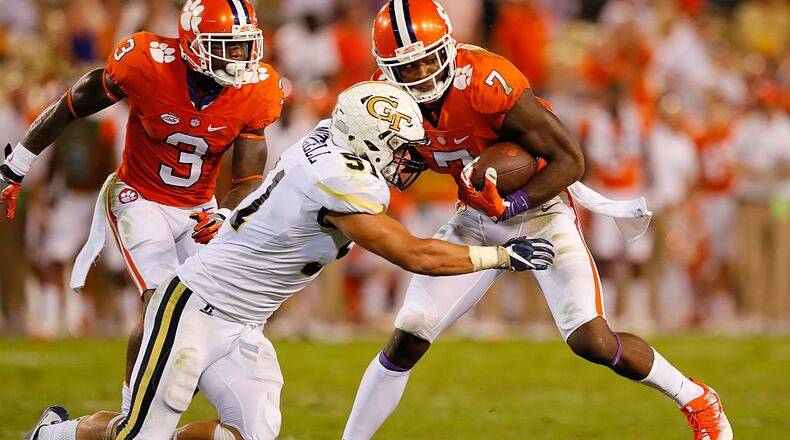 Georgia Tech’s Brant Mitchell tackles Clemson’s Mike Williams at Bobby Dodd Stadium on September 22, 2016 in Atlanta, Georgia. (Photo by Kevin C. Cox/Getty Images)