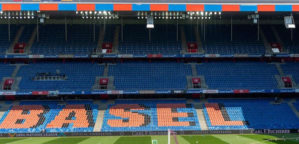 FILE - This Sept. 5, 2020 file photo shows part of the St. Jakob-Park stadium in Basel, Switzerland where the 2025 Women's European Championship soccer tournament's final will take place. (Georgios Kefalas/Keystone via AP, file)