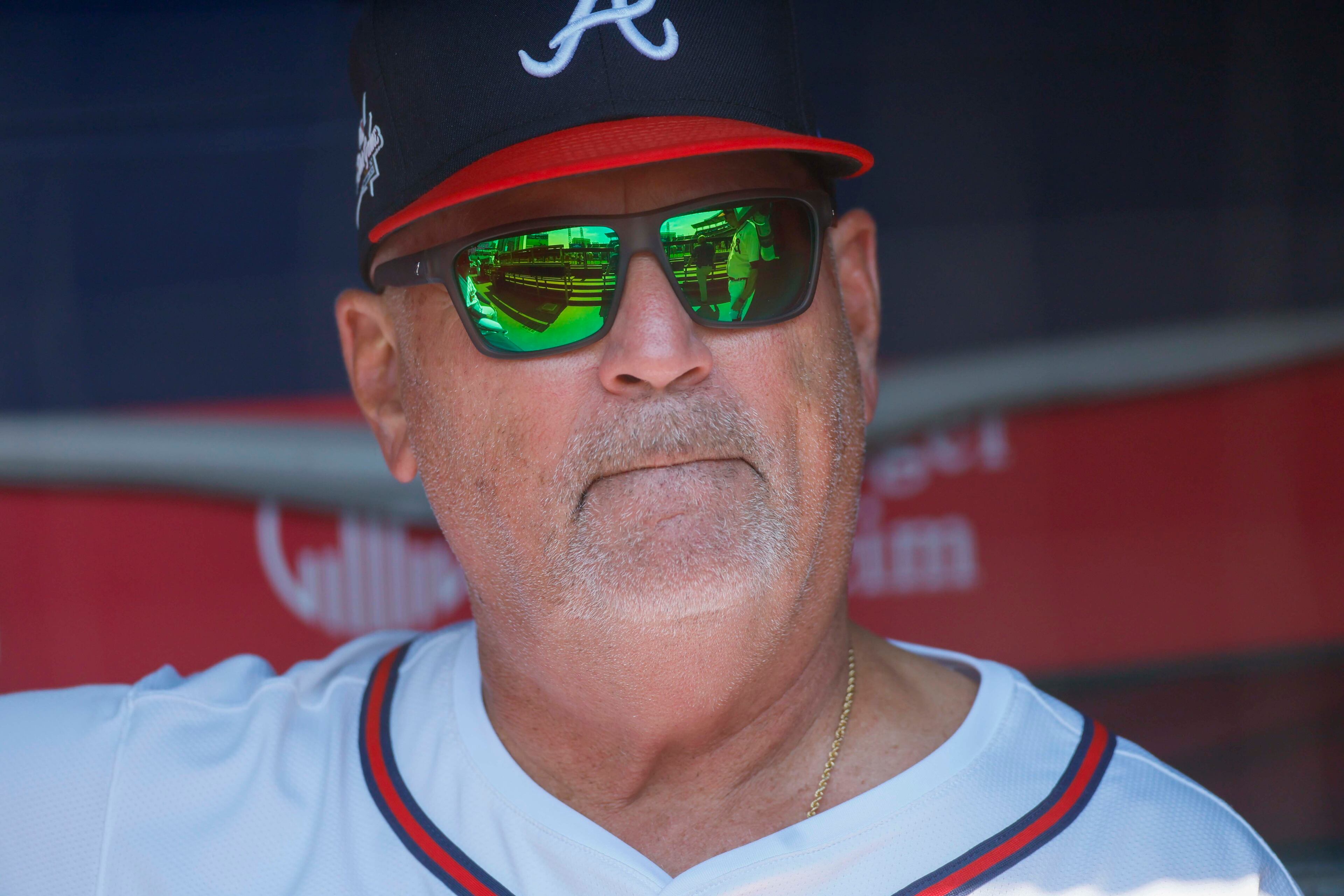 Atlanta Braves manager Brian Snitker (43) watches the field as the Braves prepare for the game against the Baltimore Orioles at Truist Park on Sunday, July 6, 2025, in Atlanta.
(Miguel Martinez/ AJC)