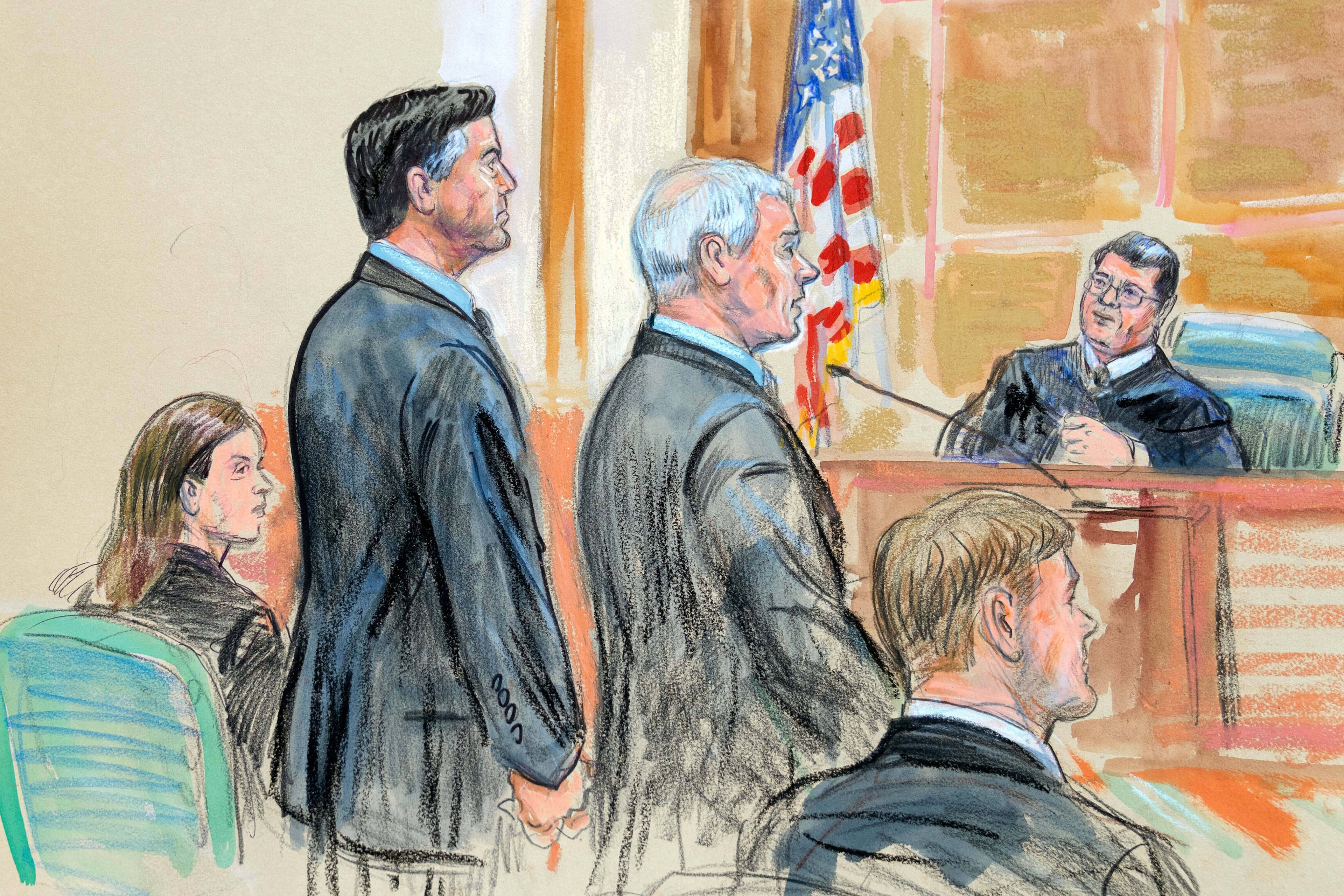 This courtroom sketch depicts former FBI Director James Comey, second from left, and his attorneys Jessica Carmichael, seated left, and Patrick J. Fitzgerald, standing right, during his arraignment at the federal courthouse in Alexandria, Va., Wednesday, Oct. 8, 2025. Assistant U.S. Attorney Tyler Lemons is seated right. (Dana Verkouteren/AP)