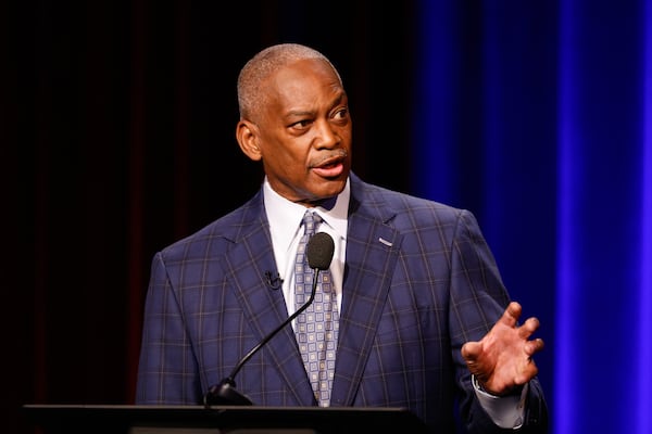 Democratic candidate for Congress, Emanuel Jones, a state senator, speaks at the Atlanta Press Club Loudermilk-Young District 13 primary election debate, Monday, April 27, 2026, in Atlanta. (Arvin Temkar/AJC)