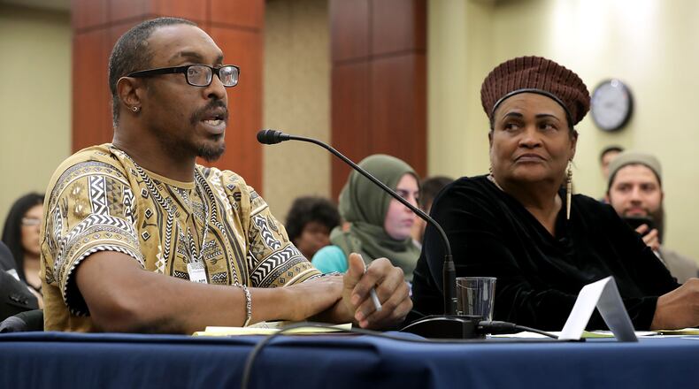 Muhammad Ali Jr. (left), son of boxing legend Muhammad Ali, and his mother Khalilah Camacho-Ali participate in a forum titled "Ali v. Trump: The Fight for American Values" about immigration enforcement with Democratic members of the House of Representatives on Wednesday in Washington.