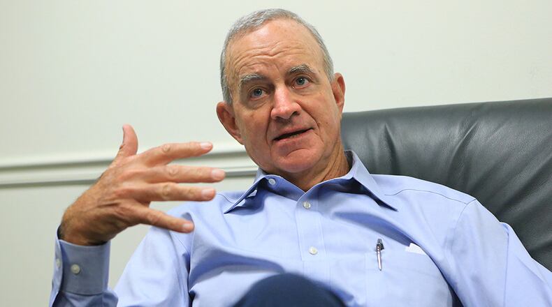Braves president of baseball operations John Hart takes questions as the team holds end of season interviews with the media in the team clubhouse Monday, Oct. 5, 2015, at Turner Field in Atlanta.