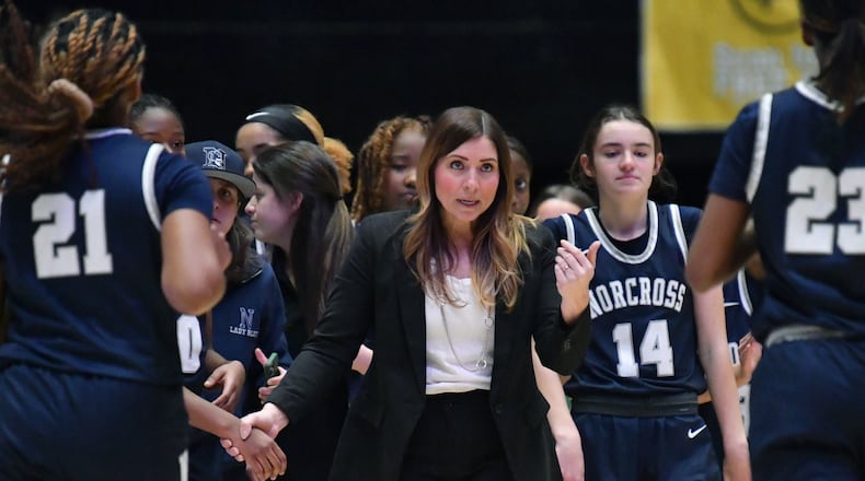 March 12, 2022 Macon - Norcross' head coach Ashley Luke Clanton instructs during the 2022 GHSA State Basketball Class AAAAAAA Girls Championship game at the Macon Centreplex in Macon on Saturday, March 12, 2022. Norcross won 41-37 over Harrison. (Hyosub Shin / Hyosub.Shin@ajc.com)