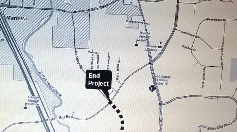 For $17 million - with an estimated $15.5 million from the Georgia Department of Transportation, Cobb County will build a new road between Windy Hill and Terrell Mill Roads. (Courtesy of Cobb County)