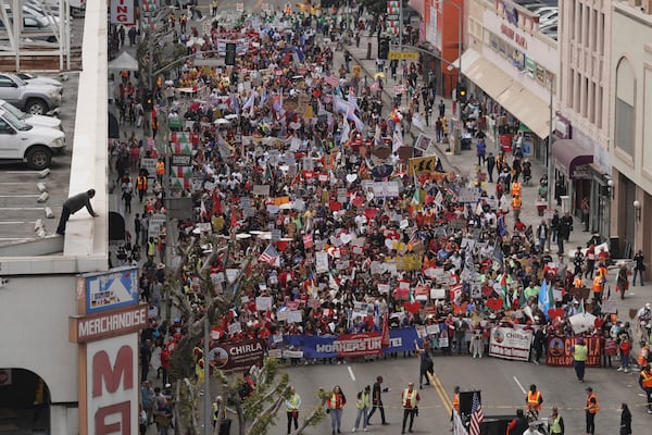 Demonstrators march during a May Day protest Thursday, May 1, 2025, in Los Angeles. (AP Photo/Jae C. Hong)