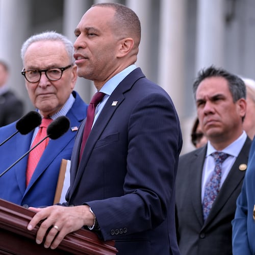House Minority Leader Hakeem Jeffries, D-N.Y., center, speaks as Senate Minority Leader Chuck Schumer, D-N.Y., left, Vice Chair Rep. Pete Aguilar, D-Calif., right, listen during a news conference, Thursday, May 21, 2026, on Capitol Hill, in Washington. (AP Photo/Mariam Zuhaib)