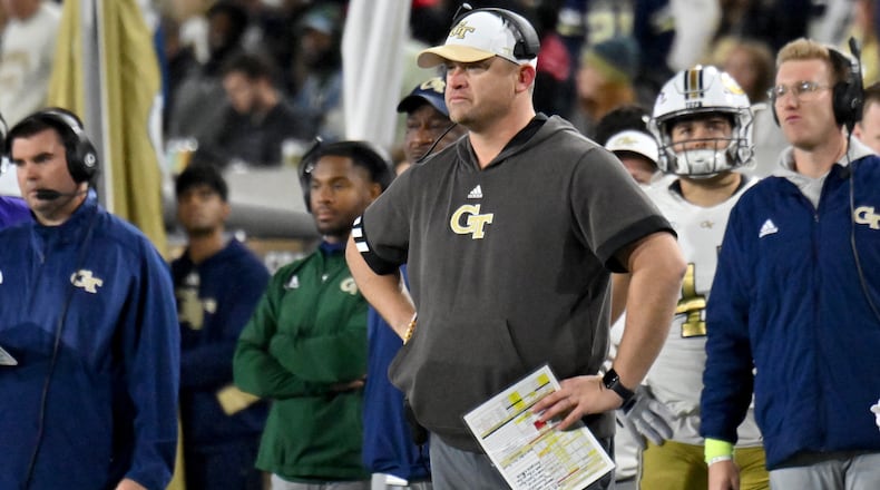 Georgia Tech head coach Brent Key watches during the first half of an NCAA college football game at Georgia Tech's Bobby Dodd Stadium, Saturday, November 25, 2023, in Atlanta. Georgia won 31-23 over Georgia Tech. (Hyosub Shin / Hyosub.Shin@ajc.com)
