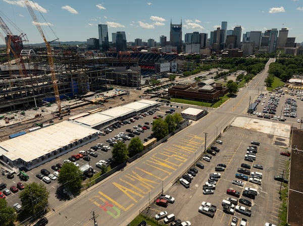 A Black Lives Matter mural painted by Thaxton Waters II is seen in an aerial view on Thursday, May 22, 2025, in Nashville, Tenn. (AP Photo/Kevin Wurm)
