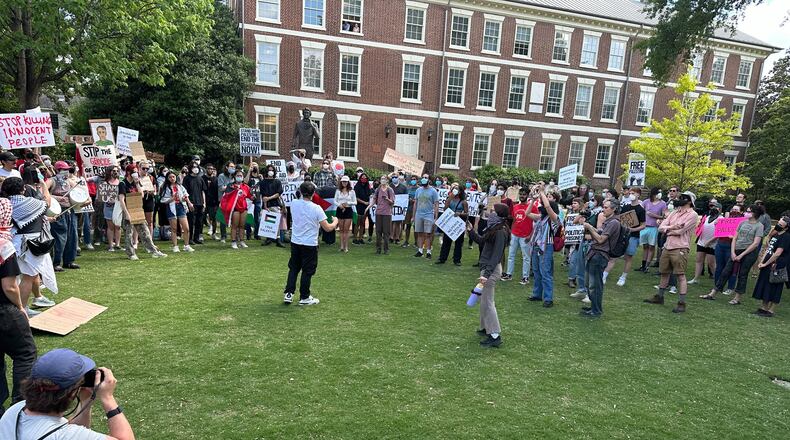 Protesters against Israel’s war in Gaza gathered again at the University of Georgia’s campus in Athens on the afternoon of Monday April 29, 2024, hours after police broke up an earlier protest and arrested several demonstrators for trespassing.
