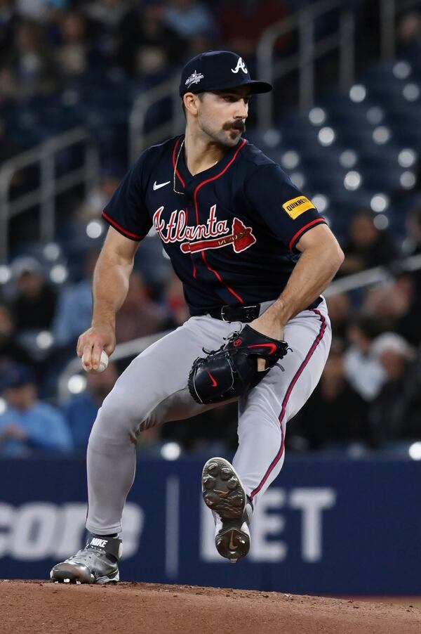 Atlanta Braves starting pitcher Spencer Strider (99) throws to a Toronto Blue Jays batter in first inning baseball action in Toronto on Wednesday, April 16, 2025. (Jon Blacker/The Canadian Press via AP)