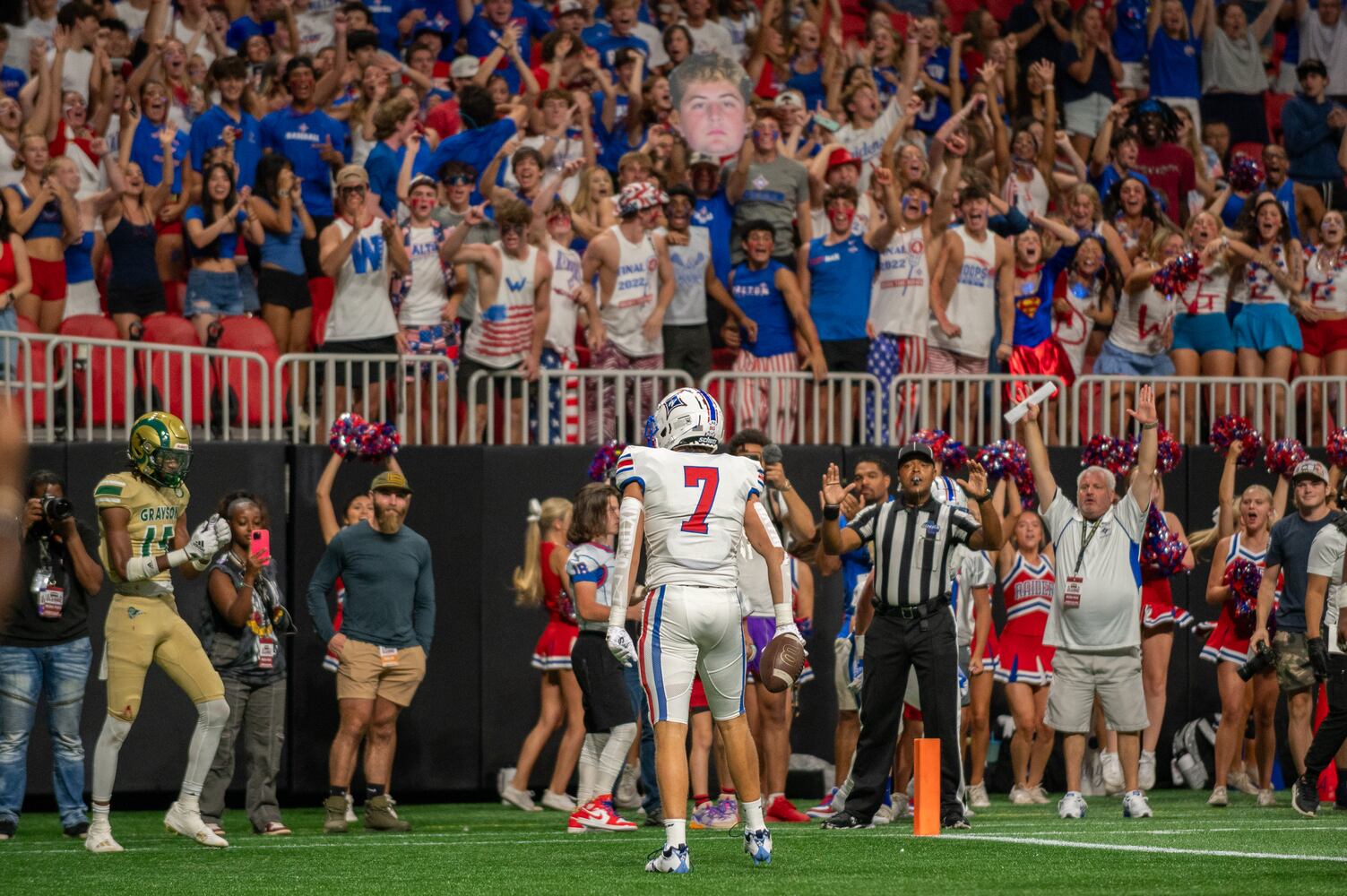 Walton's linebacker Ashton Woods celebrates after a touchdown during the Corky Kell and Dave Hunter Classic on August 19, 2023. (Jamie Spaar for the Atlanta Journal Constitution)