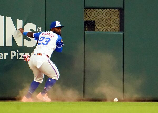 Atlanta Braves outfielder Michael Harris II misses a fly ball during the third inning of a baseball game against the Minnesota Twins, Saturday, April 19, 2025, in Atlanta. (AP Photo/ John David Mercer)