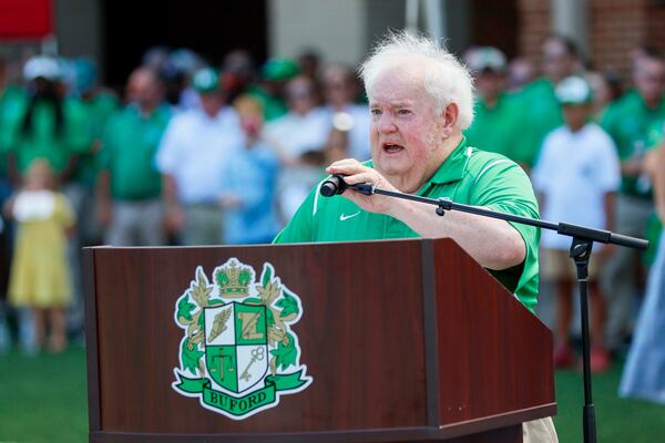 Phillip Beard thanks the crowd during the dedication ceremony of the new Buford High School Stadium, which is named for him. (Miguel Martinez/AJC)
