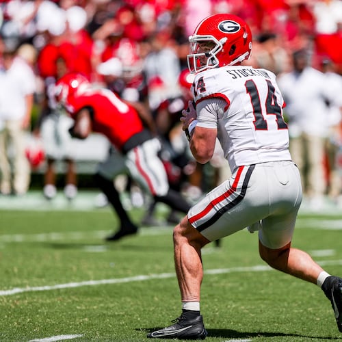 Georgia quarterback Gunner Stockton during Georgia’s annual G-Day spring game on Dooley Field at Sanford Stadium in Athens, on Saturday, April 12, 2025. (Tony Walsh/UGAAA)