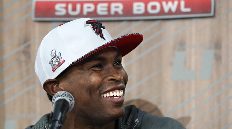 January 30, 2017, Houston: Julio Jones is all smiles taking questions during Super Bowl Opening Night on Monday, Jan. 30, 2017, at Minute Maid Park in Houston. Curtis Compton/ccompton@ajc.com