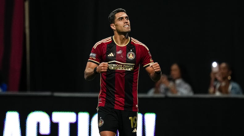 Atlanta United forward Daniel Ríos #19 celebrates after scoring a goal during the Leagues Cup match against the D.C. United at Mercedes-Benz Stadium in Atlanta, GA on Friday July 26, 2024. (Photo by Mitch Martin/Atlanta United)