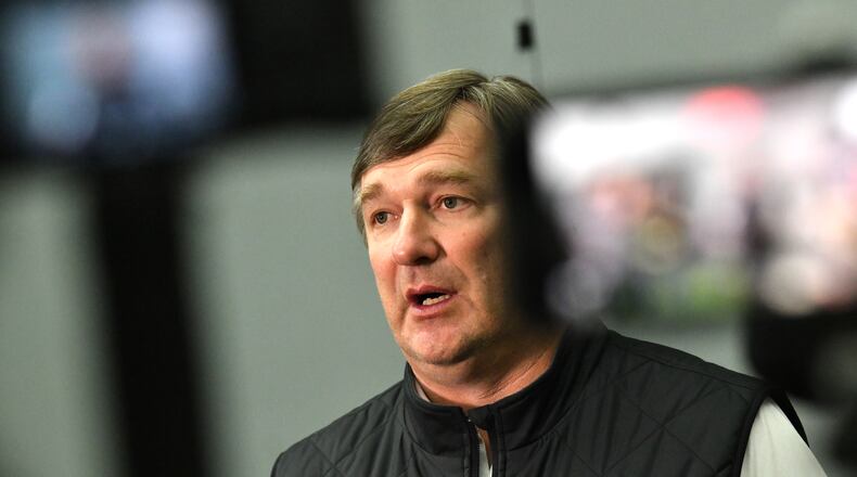 Georgia head coach Kirby Smart speak to members of the media during Georgia Pro Day at Payne Indoor Athletic Facility, Wednesday, Mar. 13, 2024, in Athens. (Hyosub Shin / Hyosub.Shin@ajc.com)